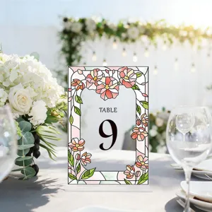 Acrylic wedding table number sign with stained glass floral border for party reception desk decor