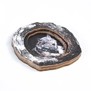 Wooden tree hole wolf magnetic sticker home decor, creative layered animal wooden craft.