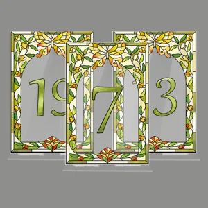 Detailed view of acrylic table number stand featuring stained glass butterfly art design.