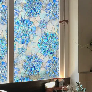 Detailed view of 3D embossed floral window film, beautiful blue stained glass sticker for home.