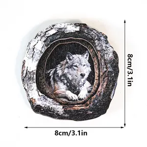Wooden tree hole wolf magnetic sticker, rustic animal decor fridge magnet craft detail.