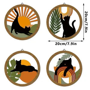 Boho Holzwandkunst mit süßen schwarzen Katzen Silhouetten, retro runde Hängedekoration 4 Stk.