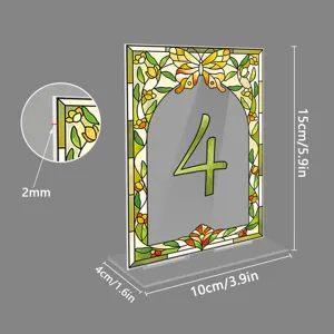 Stained glass acrylic table number sign detail view, butterfly floral pattern, clear 2mm acrylic.