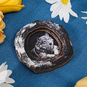 Wooden wolf tree hole fridge magnet home decor craft item with detailed carving design.