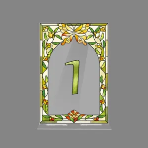 Stained glass style acrylic table number card with butterfly design for wedding party decor.