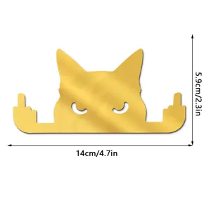 Gold acrylic cat wall sticker with funny middle finger gesture, size 14x5.9cm decor.