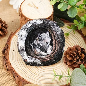 Wooden tree hole wolf fridge magnet decorative craft for home and office decor style