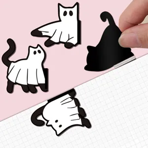 Cute black and white ghost cat magnetic bookmark set, creative page markers for reading.
