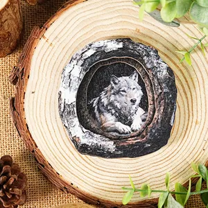 Wooden tree hollow wolf magnetic sticker home decor detail shot, natural rustic wood craft.