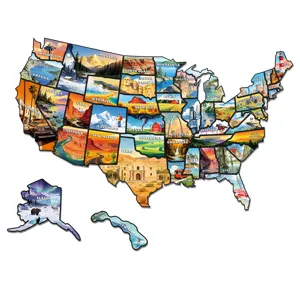 Detailed view of USA map fridge magnet puzzle showing artistic cultural landmarks of each state.