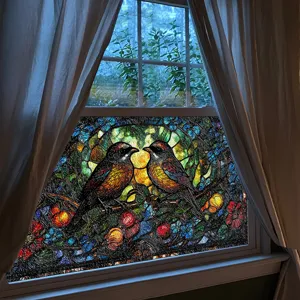 Dekorative Glasfolie mit Vogel- und Blumenmotiv, statische Fensterfolie fuer Glasflaechen.