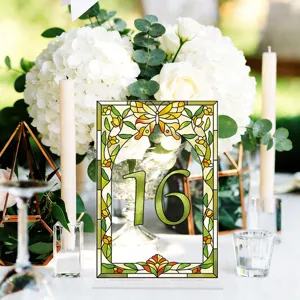 Acrylic table number sign detail, stained glass floral butterfly design number 16 for wedding.