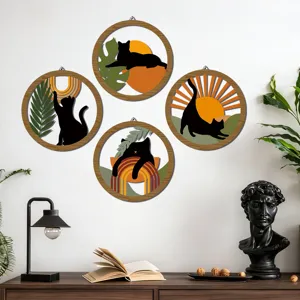 Bohème Holz Katzen Wandkunst Set von vier runden Hängedekor für Wohnzimmer Schlafzimmer