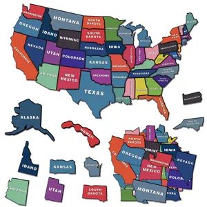 Detailed view of the magnetic USA map puzzle, showing individual state pieces and bright colors.