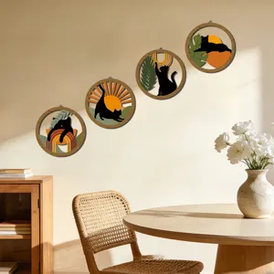 Boho Holz Katze Wandkunst Set, vintage runde hohle Hängendekoration für Wohnzimmer Zuhause.