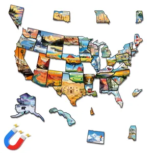 Detailed view of the US map magnetic puzzle fridge magnet with colorful state illustrations.
