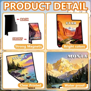 Close-up view of US state travel fridge magnet details, strong magnetic backing and waterproof.