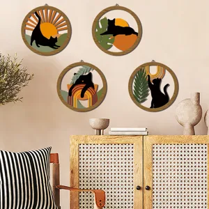 Boho Holz Katze Wandbehang runde Dekoration Set bohemian Home Zimmer Ornament Design