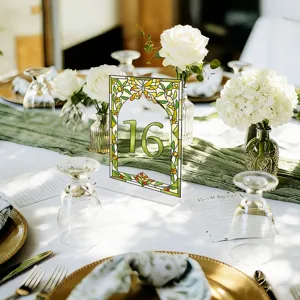 Acrylic table number sign with stained glass floral border for wedding party decor detail