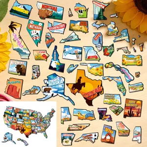 US state magnetic refrigerator magnets puzzle educational travel souvenirs display.