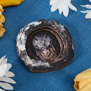 Wooden tree hole owl fridge magnet detail view, rustic home decor craft ornament.