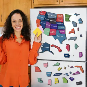 Magnetic US state map refrigerator stickers, educational puzzle fridge magnets for home decor.