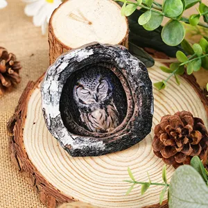 Close-up detail of rustic wooden tree hole owl magnetic decoration craft in natural setting.