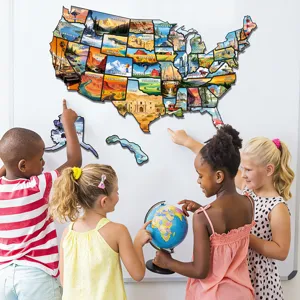 Detailed view of kids interacting with magnetic USA states map puzzle featuring cultural illustrations.