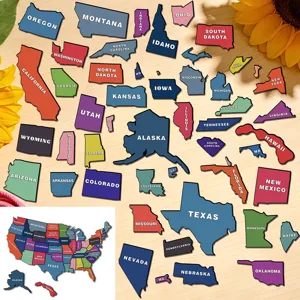 US state map magnetic fridge sticker educational puzzle toy, detailed piece display.