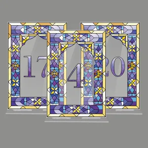 Acrylic table number sign detail, colorful stained glass pattern decor for wedding party events.