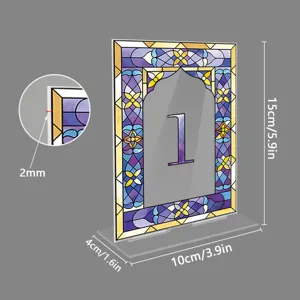 Acrylic table number sign with stained glass style print, 15x10cm wedding party desk decor.