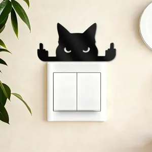 Funny black acrylic cat wall switch sticker, creative gesture animal decor for home living room.
