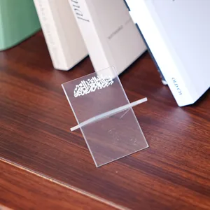 Acrylic desktop book stand, clear display holder for scriptures, cards, or snacks details.