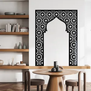 Islamic arch wall sticker detail featuring geometric mosaic patterns in a modern home interior.