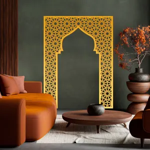 Gold acrylic mirror wall sticker featuring Islamic mihrab arch and geometric lattice design.