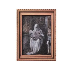 Magnet de réfrigérateur cadre photo vintage Halloween, fantôme lisant journal art déco.