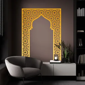 Gold Middle Eastern style Mihrab wall sticker, intricate Islamic geometric arch decal for decor.