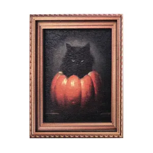 Détail d'aimant de réfrigérateur cadre photo vintage Halloween chat noir et citrouille.