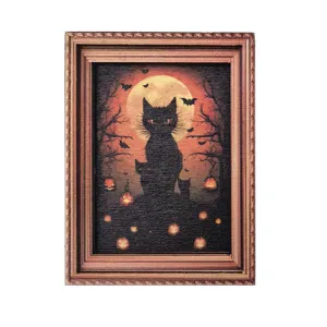 Aimant de réfrigérateur rétro en bois d'Halloween avec chat noir et lune pour décoration.