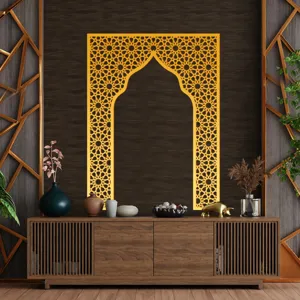 Golden acrylic mirrored wall sticker with geometric Mihrab design in elegant room scene.