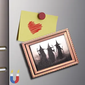 Gros plan détail du magnet de réfrigérateur cadre photo vintage Halloween avec sorcières.