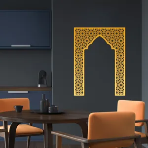 Gold acrylic mirror wall sticker featuring Islamic Mihrab arch geometric design for interior decor.