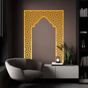 Gold acrylic mirror wall sticker detail featuring Islamic arch and geometric star patterns.