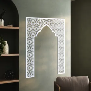 Detail view of Islamic geometric arch wall sticker, traditional Mihrab decorative panel for home.
