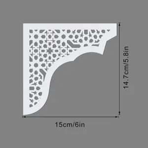 Dettaglio adesivo angolare in acrilico bianco, motivo geometrico cavo, vista delle specifiche.