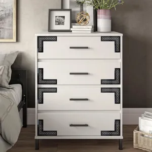 Moderna cassettiera bianca a quattro cassetti con eleganti adesivi d'angolo neri per la casa.