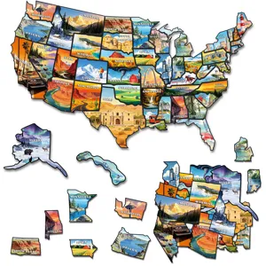 Detailed view of US map magnetic puzzle fridge sticker showing state pieces and landmarks clearly.