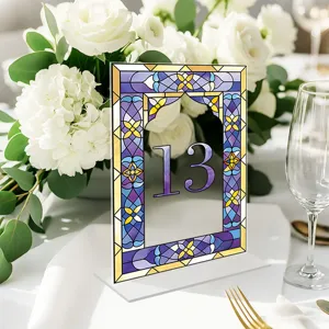 Stained glass style acrylic table number sign detail view for wedding party decor.