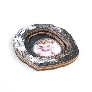 Close-up detail of wooden tree hole hedgehog fridge magnet, cute animal home decor craft.