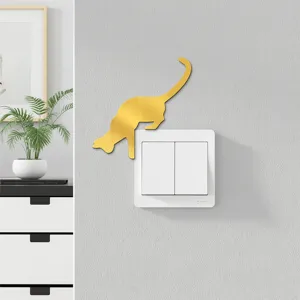 Gold acrylic mirror cat wall switch sticker, cute home decor decal for living room.